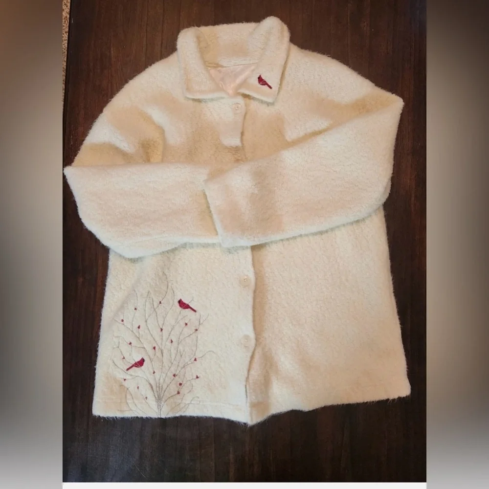 Cozy Cream Teddy Jacket with Red Accents - Picture 4 of 12